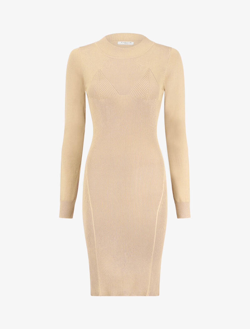 Robe pull côtelée à motifs triangles sur la poitrine - Beige - 1