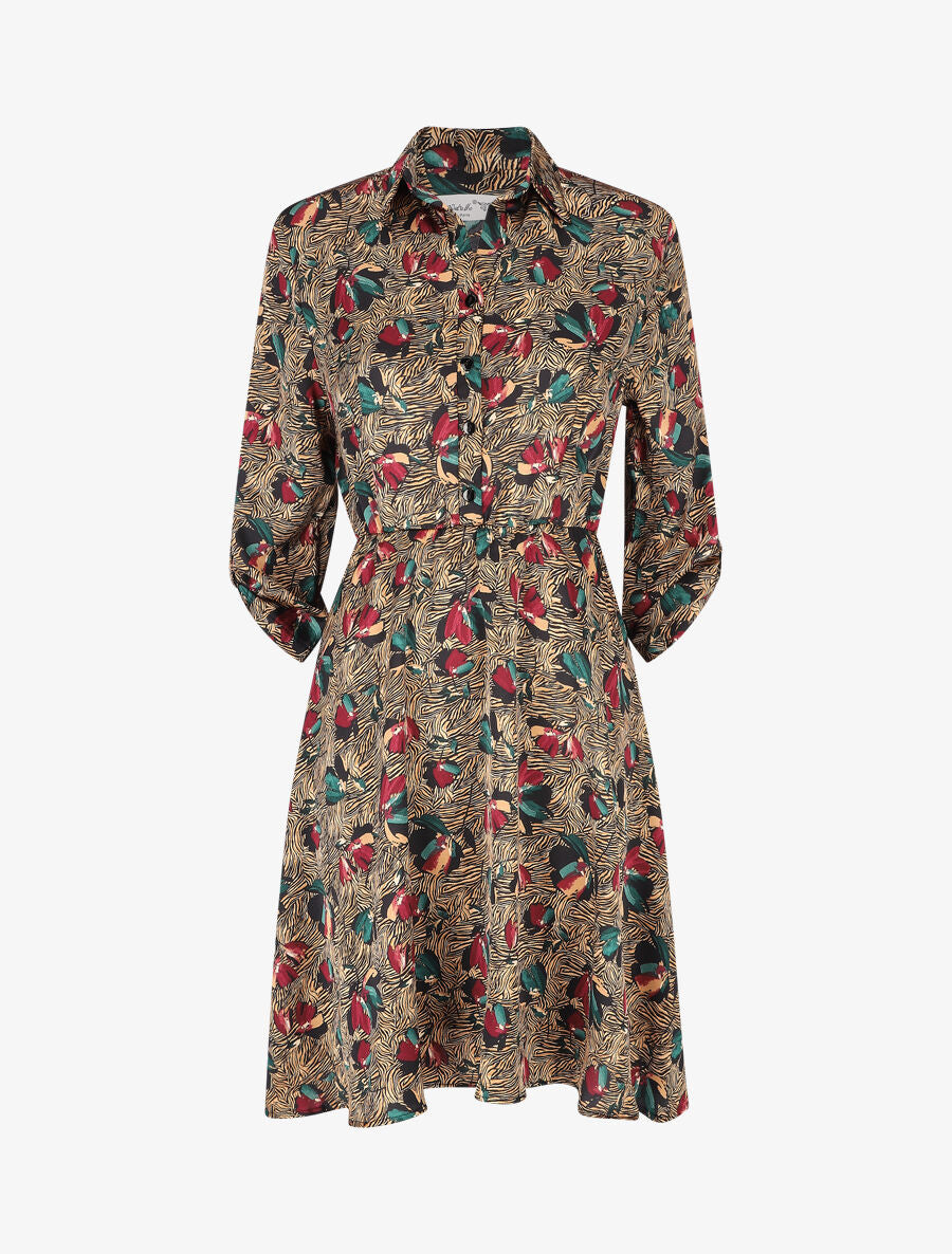 Robe florale satinée et évasée - Beige - 5