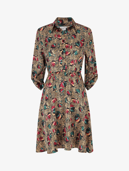 Robe florale satinée et évasée - Beige - 5