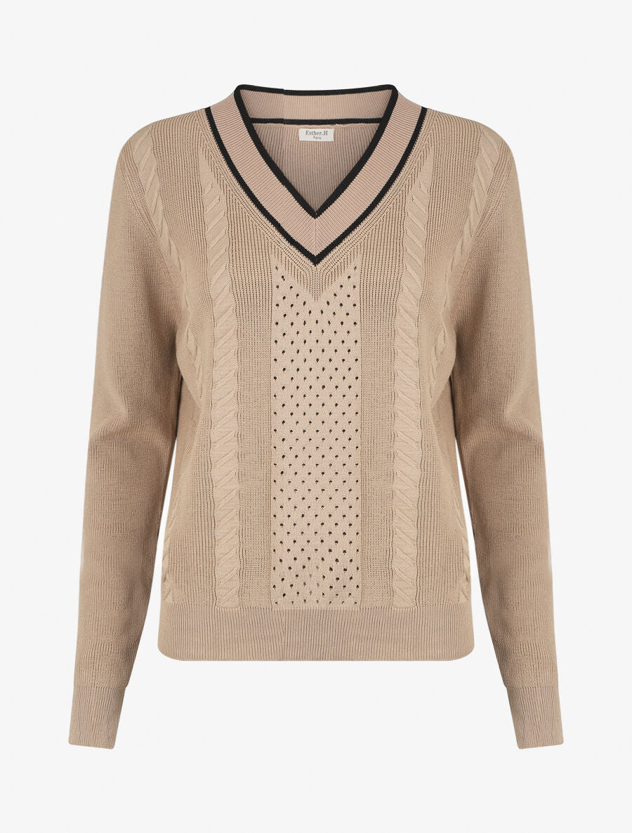 Pull à col V irisé - Beige - 1