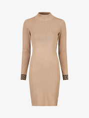 Robe pull à col montant et motifs grec - Beige - 1