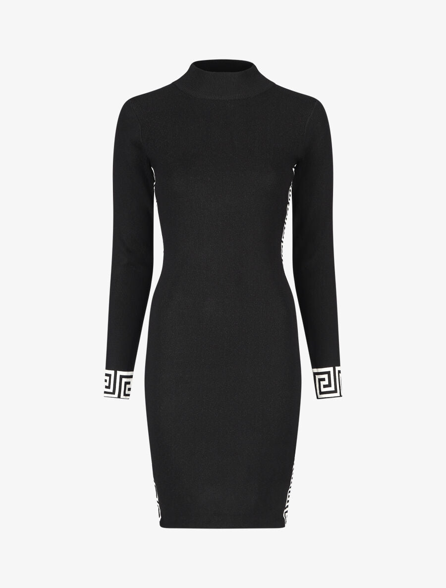Robe pull à col montant et motifs grec - Noir - 5