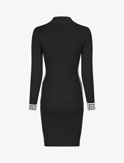Robe pull à col montant et motifs grec - Noir - 2