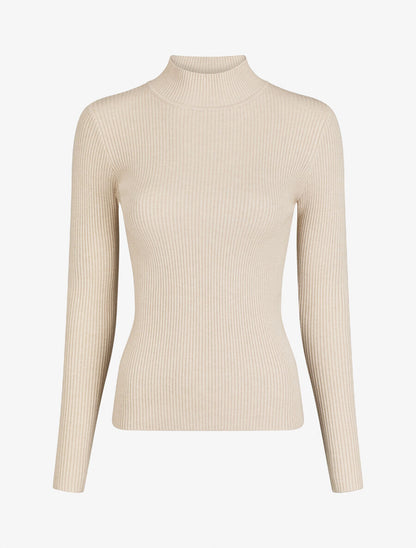 Pull ajusté côtelé à col montant - Beige - 1