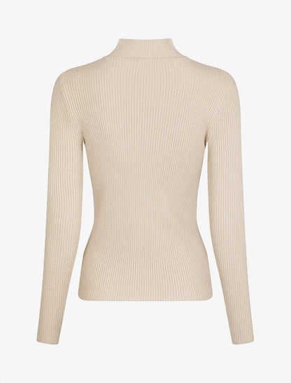 Pull ajusté côtelé à col montant - Beige - 2