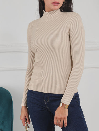 Pull ajusté côtelé à col montant - Beige - 4