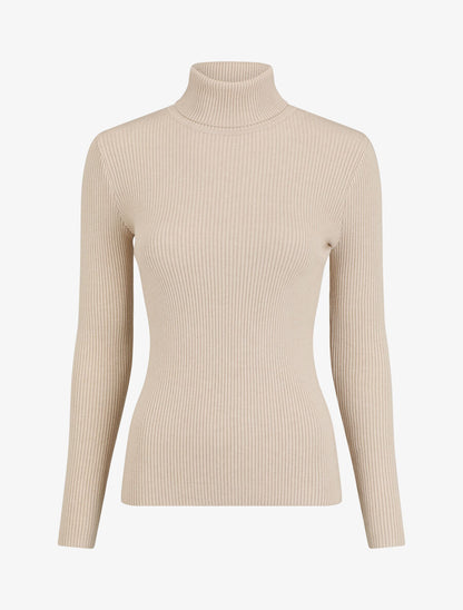 Pull ajusté côtelé à col roulé - Beige - 1