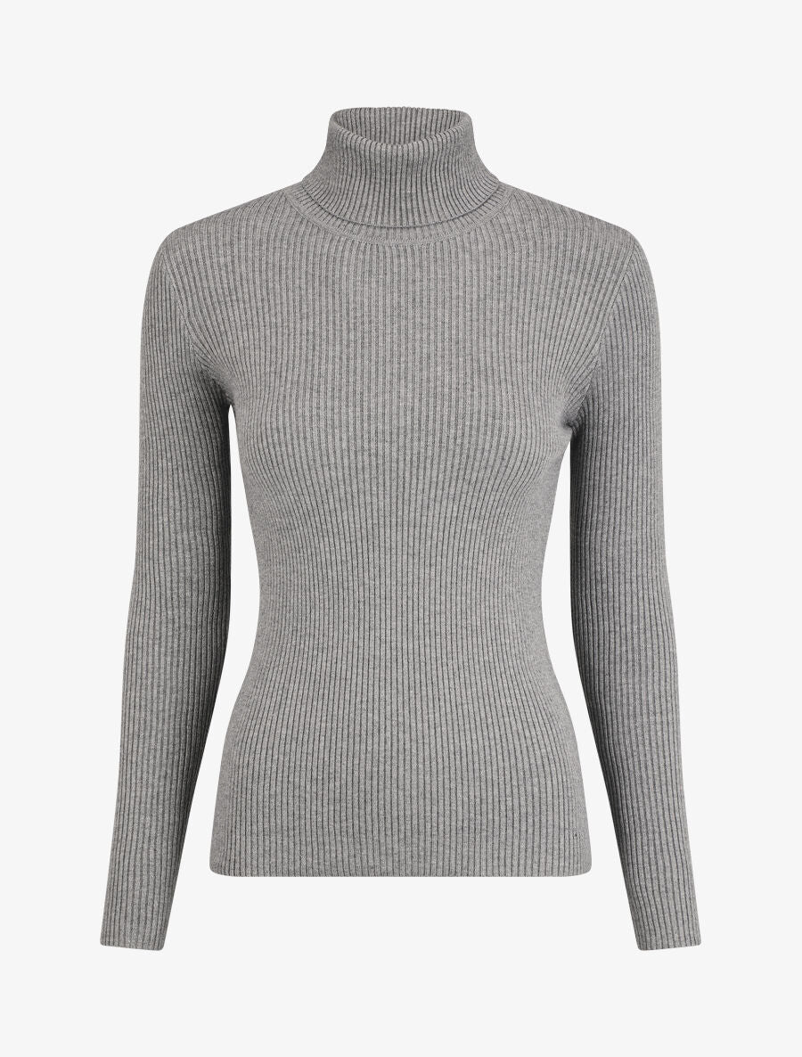 Pull ajusté côtelé à col roulé - Gris - 1