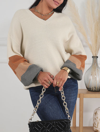 Pull oversize manches longues rayées - Beige - 4