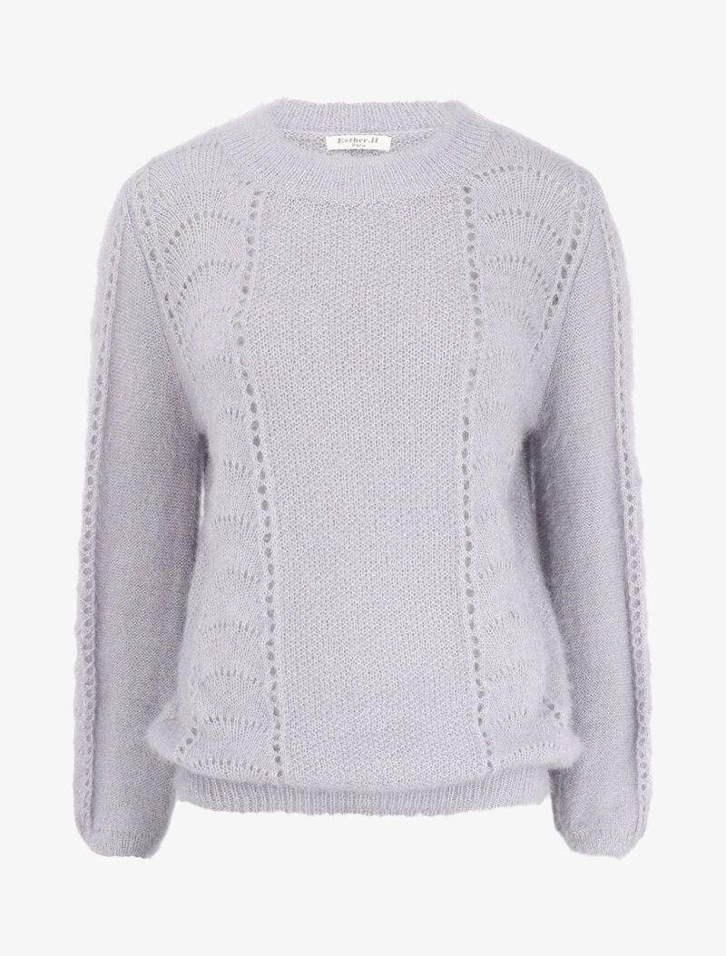 Pull en maille duveteuse ajourée et irisée - Gris clair - 4