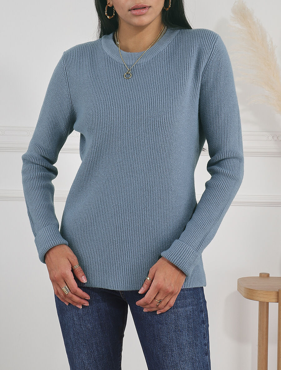 Pull droit côtelé en laine mélangée - Bleu gris - 4