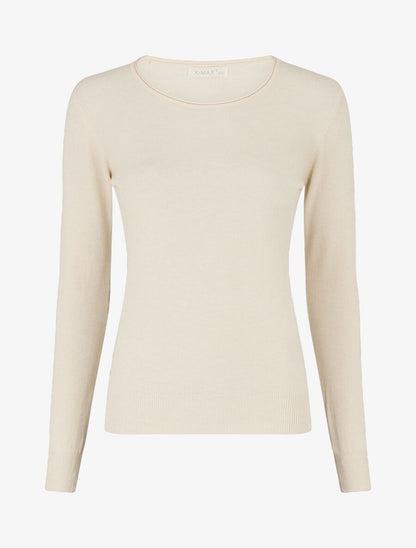 Pull fin en laine mélangée à col rond - Beige - 1