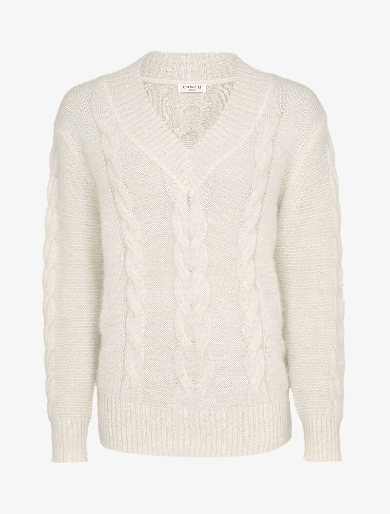 Pull en maille duveteuse tressée - Blanc - 4