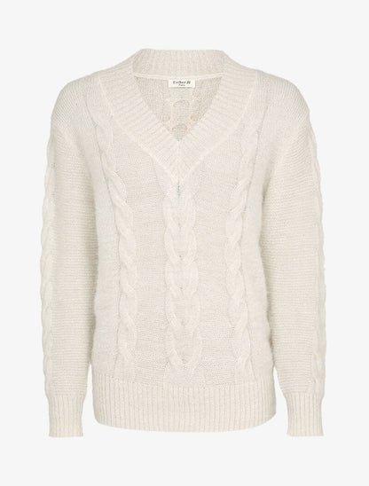 Pull en maille duveteuse tressée - Blanc - 4
