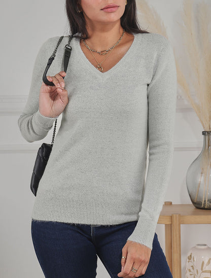 Pull en cachemire mélangée à col V - Gris - 4