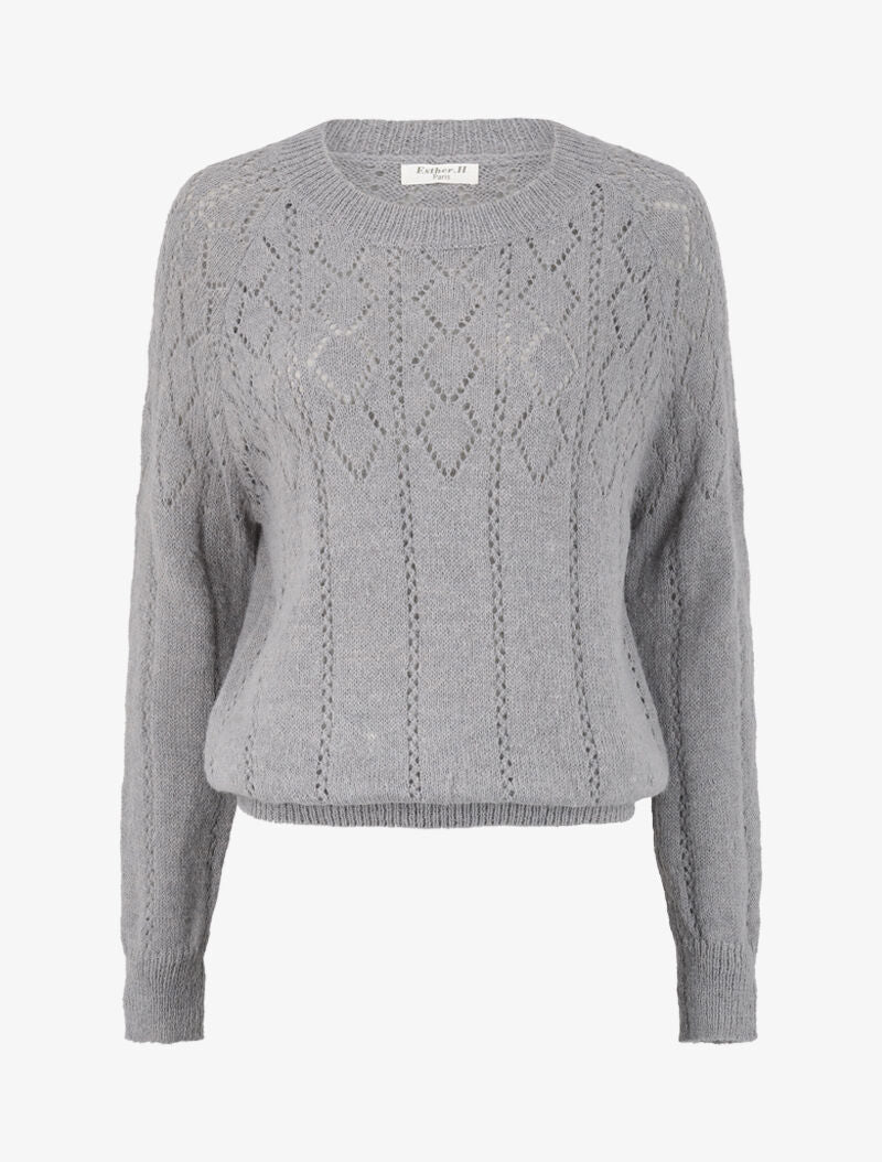 Pull à col rond en maille ajourée - Gris - 4