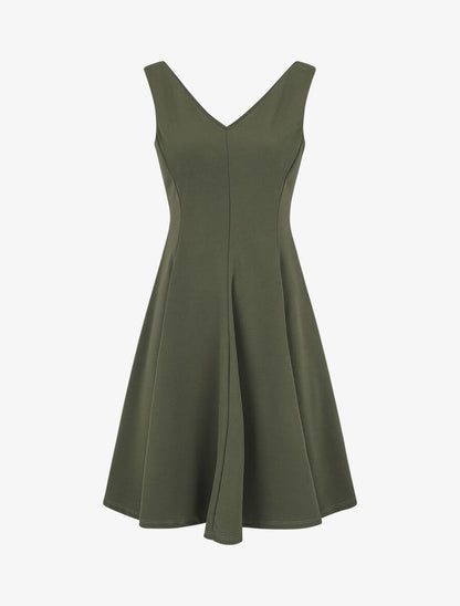 Robe patineuse unie à col V - Kaki - 1