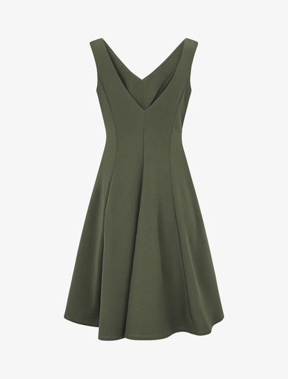 Robe patineuse unie à col V - Kaki - 2