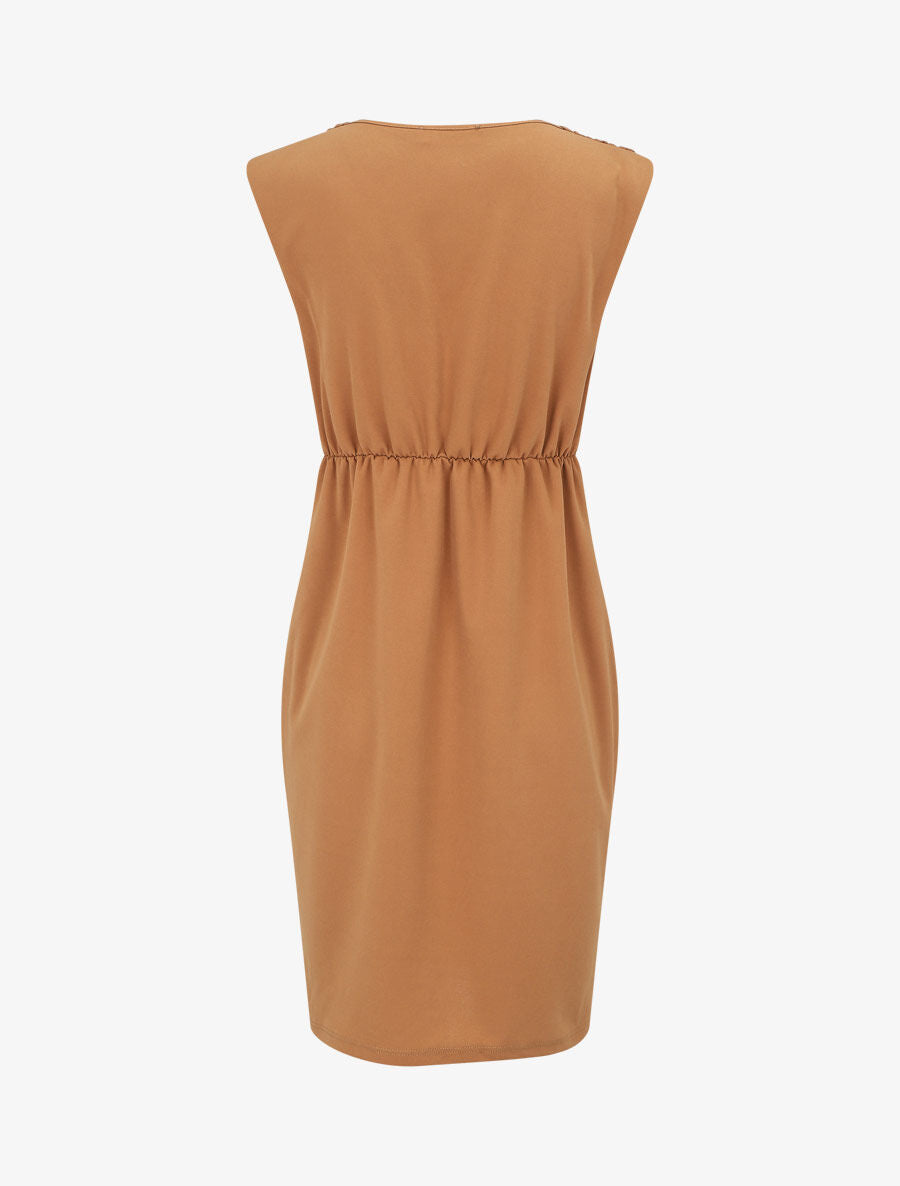 Robe droite effet drapé à col V - Camel - 2