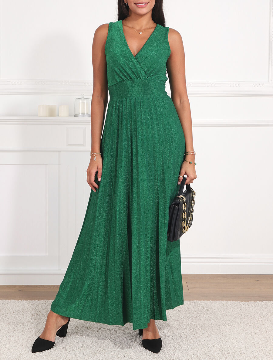 Robe longue irisée effet plissé - Vert - 4