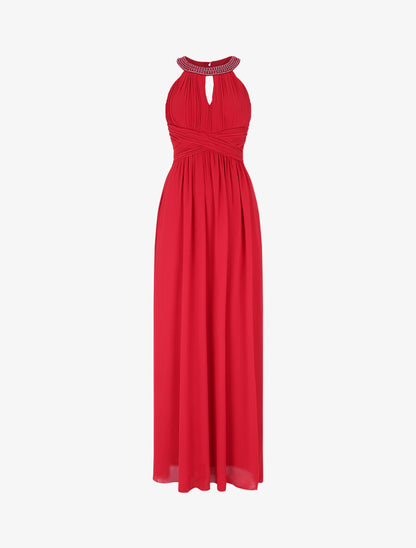 Robe longue à col américain orné de strass - Rouge - 4