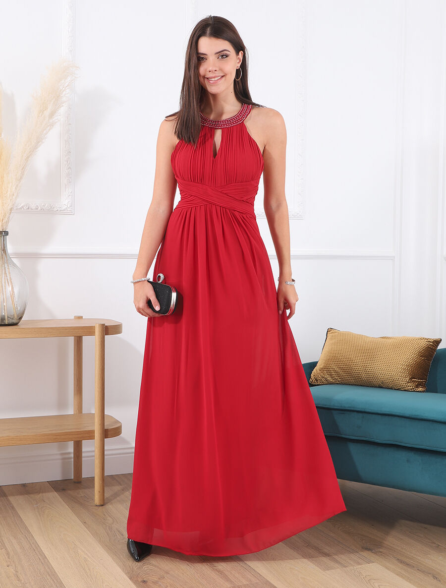 Robe longue à col américain orné de strass - Rouge - 3