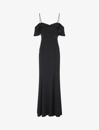 Robe longue à col V volanté - Noir - 5