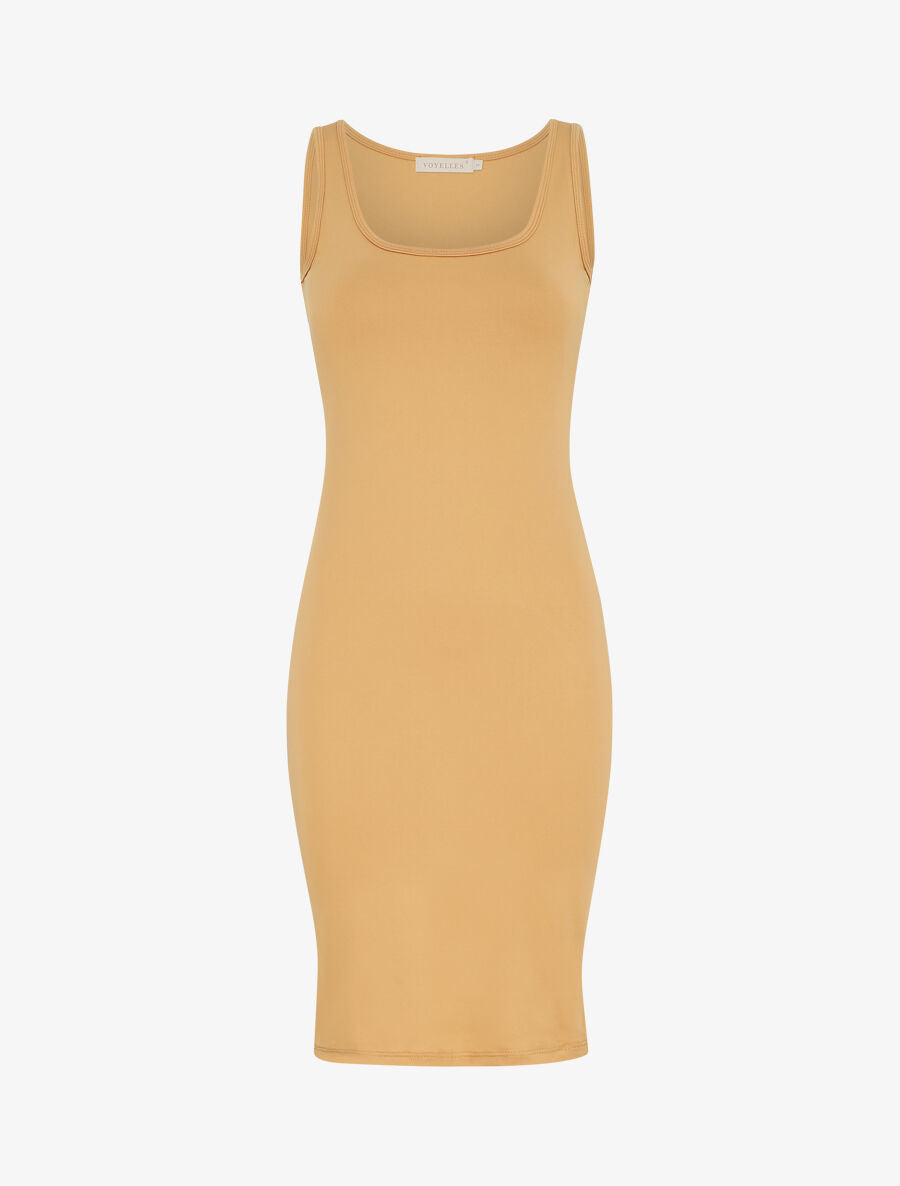 Robe mi-longue strech uni - Camel - 5