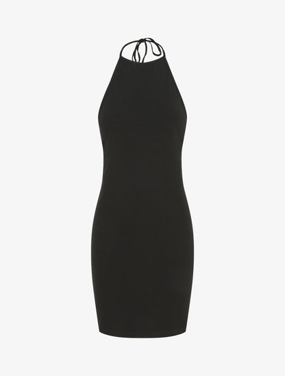 Robe unie côtélé à dos-nu - Noir - 1