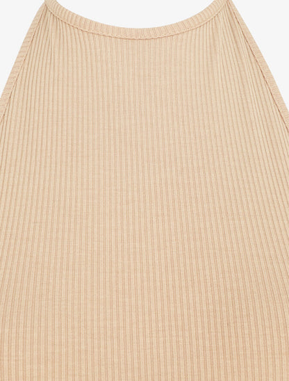 Robe unie côtélé à dos-nu - Beige - 3