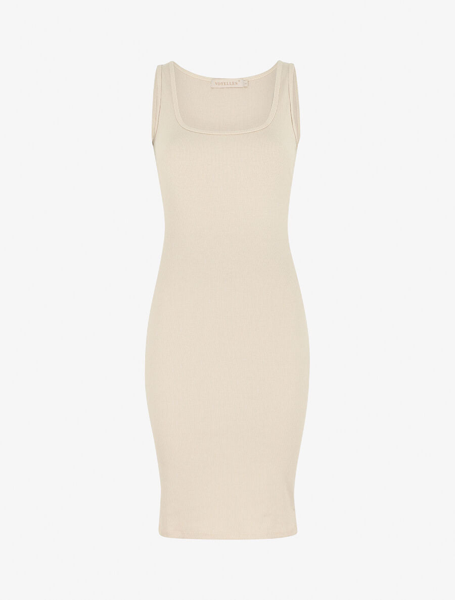 Robe mi-longue unie côtelée - Beige - 5