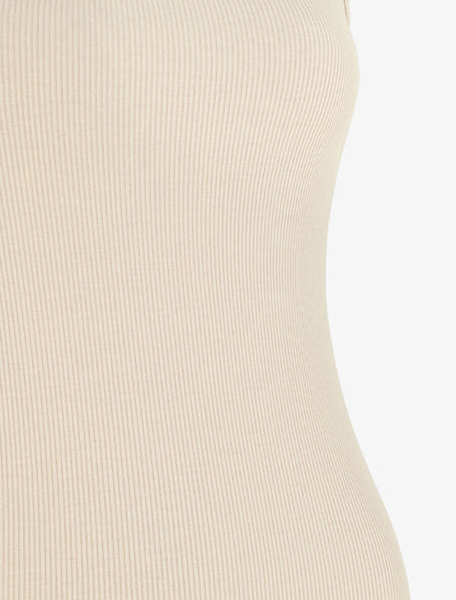 Robe mi-longue unie côtelée - Beige - 3