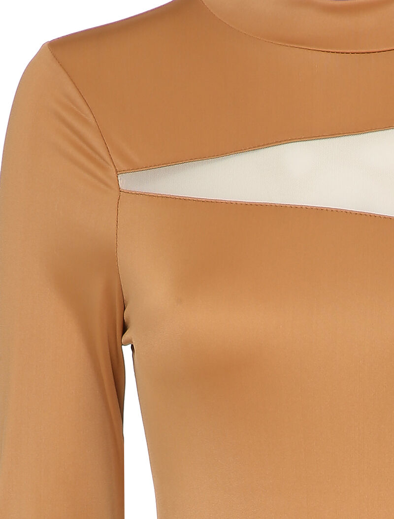 Body satiné à empiècement transparent - Camel - 3