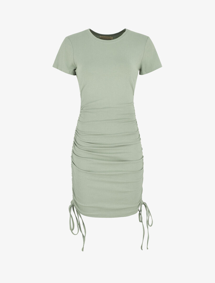 Robe mi-longue unie côtelée à liens de serrage - Vert d&