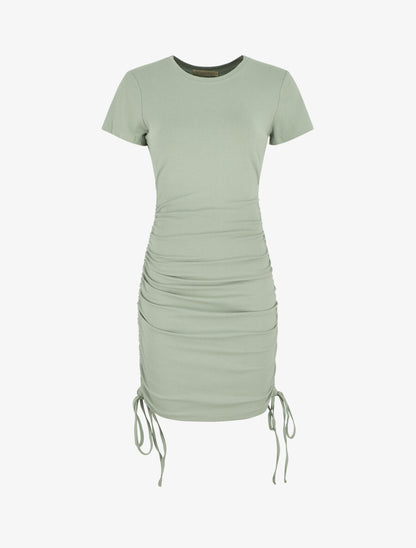 Robe mi-longue unie côtelée à liens de serrage - Vert d&