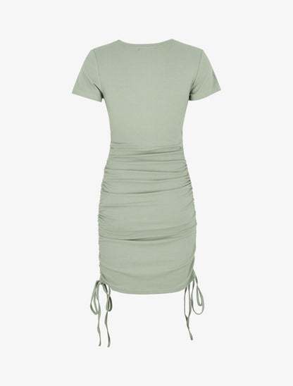 Robe mi-longue unie côtelée à liens de serrage - Vert d&