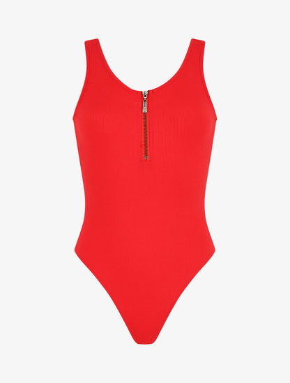 Body uni côtelé à col zippé - Rouge - 1