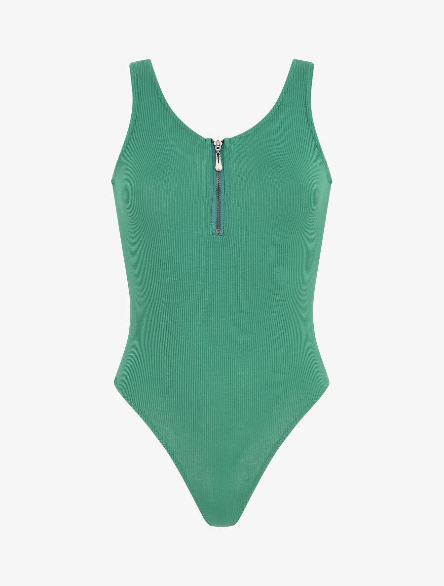Body uni côtelé à col zippé - Vert - 1