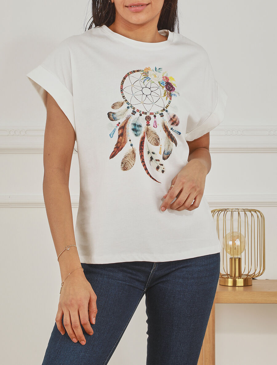 T-shirt à manches courtes imprimé attrape - rêves - Blanc - 4