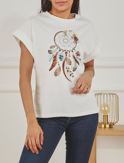 T-shirt à manches courtes imprimé attrape - rêves - Blanc - 4