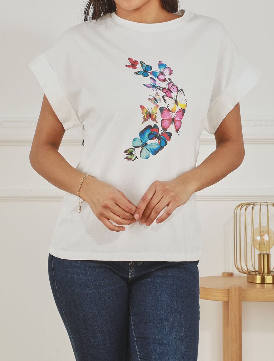 T-shirt à manches courtes imprimé papillons - Blanc - 4