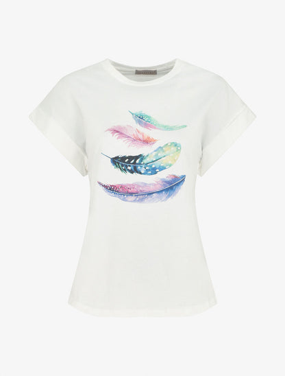 T-shirt à manches courtes imprimé plumes - Blanc - 1