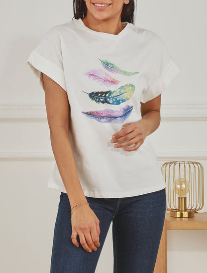 T-shirt à manches courtes imprimé plumes - Blanc - 4