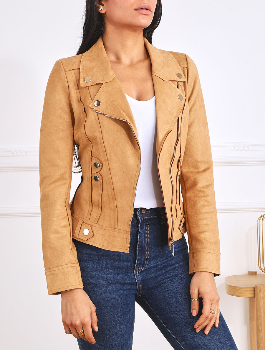 Veste en suédine style perfecto - Camel clair - 4