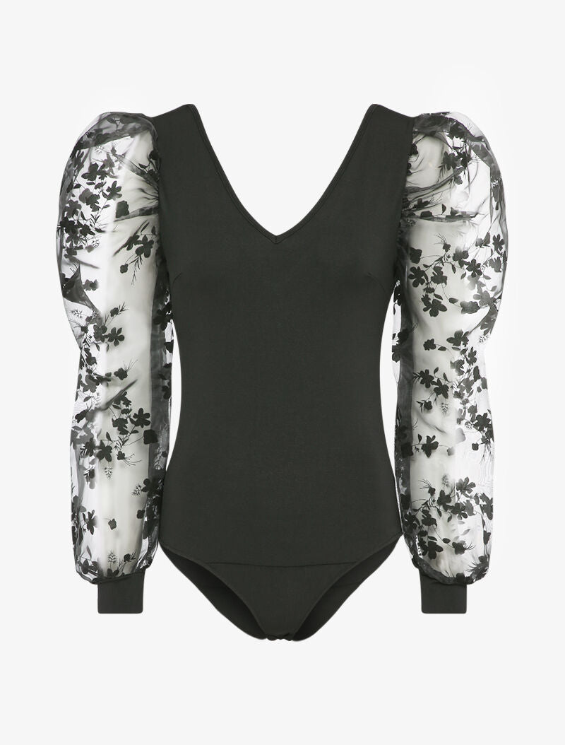 Body à manches gigot à motif floral - Noir - 1
