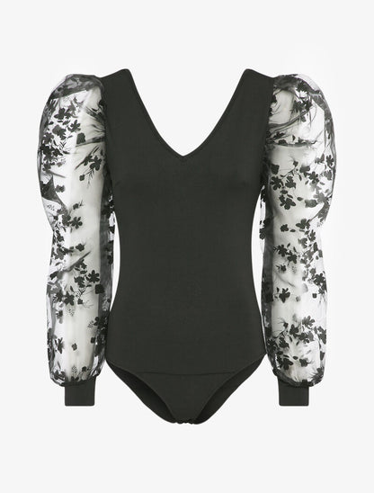 Body à manches gigot à motif floral - Noir - 1