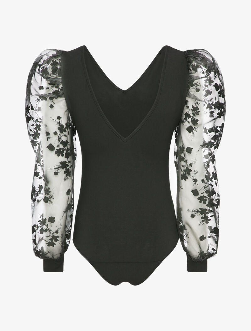 Body à manches gigot à motif floral - Noir - 2