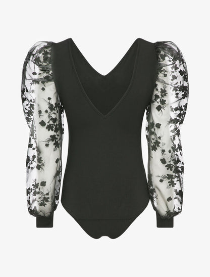 Body à manches gigot à motif floral - Noir - 2
