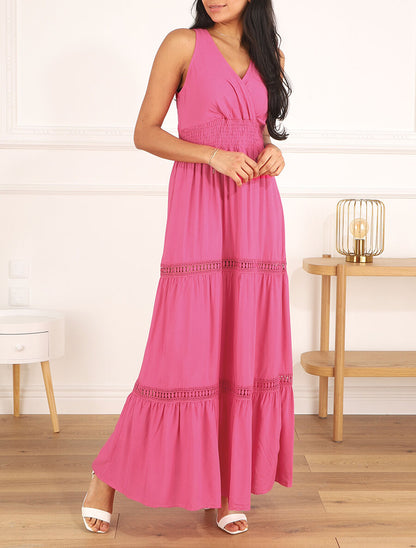 Robe longue unie à taille élastiquée - Fushia - 1