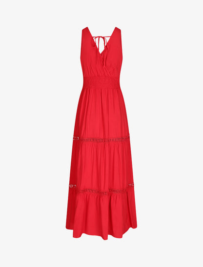 Robe longue unie à taille élastiquée - Rouge - 3